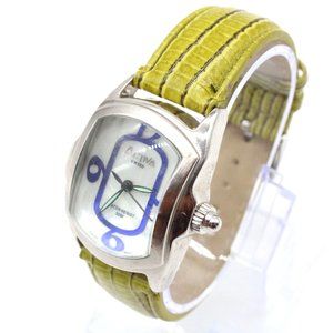 Activa Swiss Watch Womens Silver Tone Stainless Steel Green Leather Band Rare